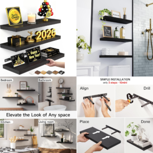 BAYKA Floating Wall Shelves – Rustic Wood Wall Mounted Shelves for Bathroom, Bedroom, Kitchen & Living Room (Set of 3, Black, 15.7 Inch)