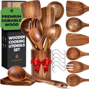 Wooden Utensil Set 8 Pcs – Natural Teak Wooden Cooking Utensils with Holder, Non-Scratch & Heat Resistant Kitchen Tools