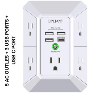 QINLIANF 5 Outlet Wall Charger Surge Protector with 4 USB Ports (3 USB + 1 USB-C) – 1680J Power Strip Extender for Home, Travel & Office