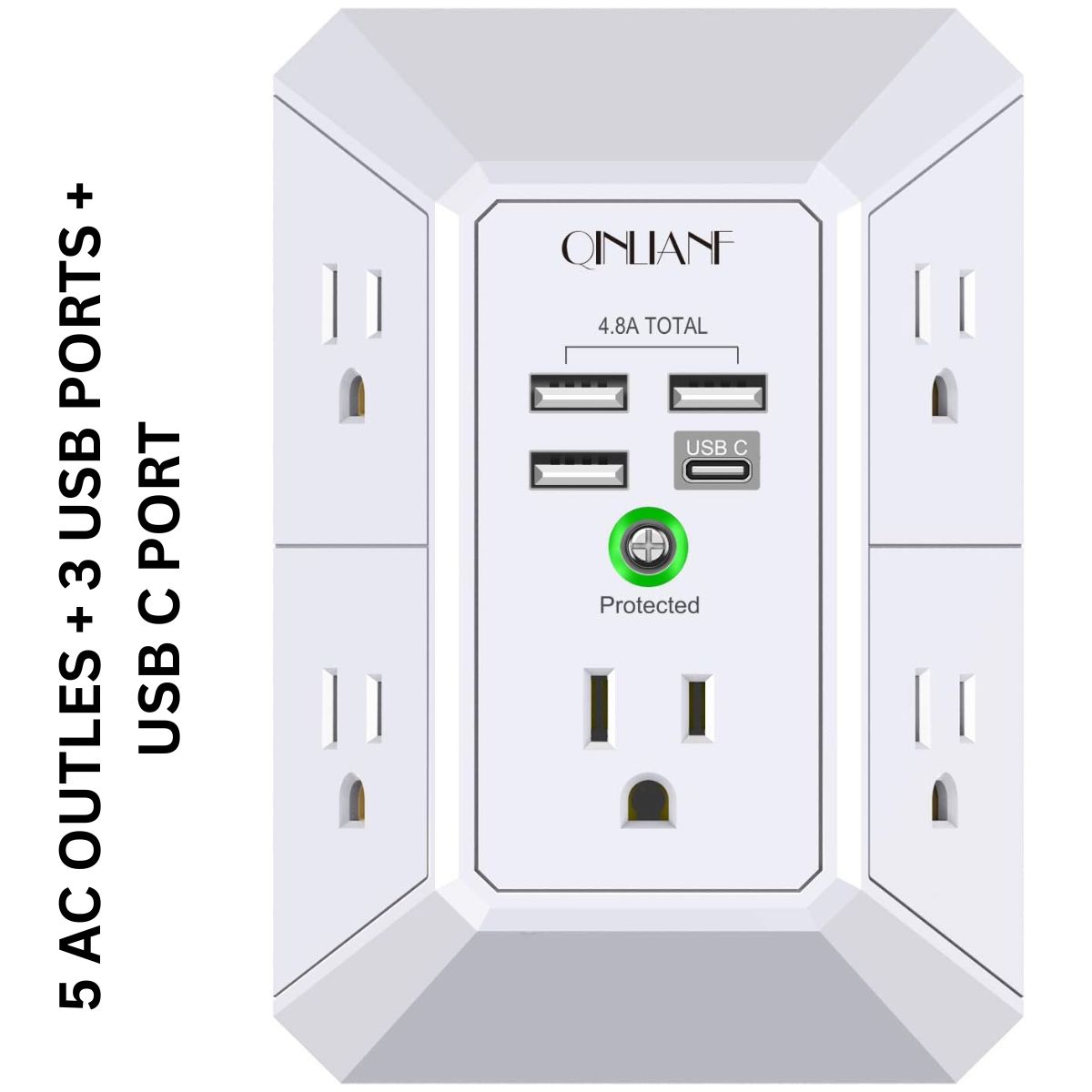 QINLIANF 5 Outlet Wall Charger Surge Protector with 4 USB Ports (3 USB + 1 USB-C) – 1680J Power Strip Extender for Home, Travel & Office