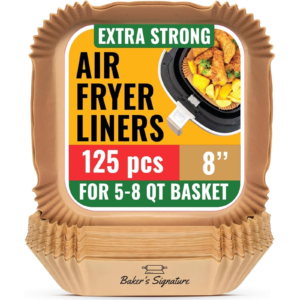 Air Fryer Paper Liners – 125 Pcs Disposable Non-Stick & Oil-Proof 8” Square Sheets for 5–8 Qt Baskets by Baker’s Signature
