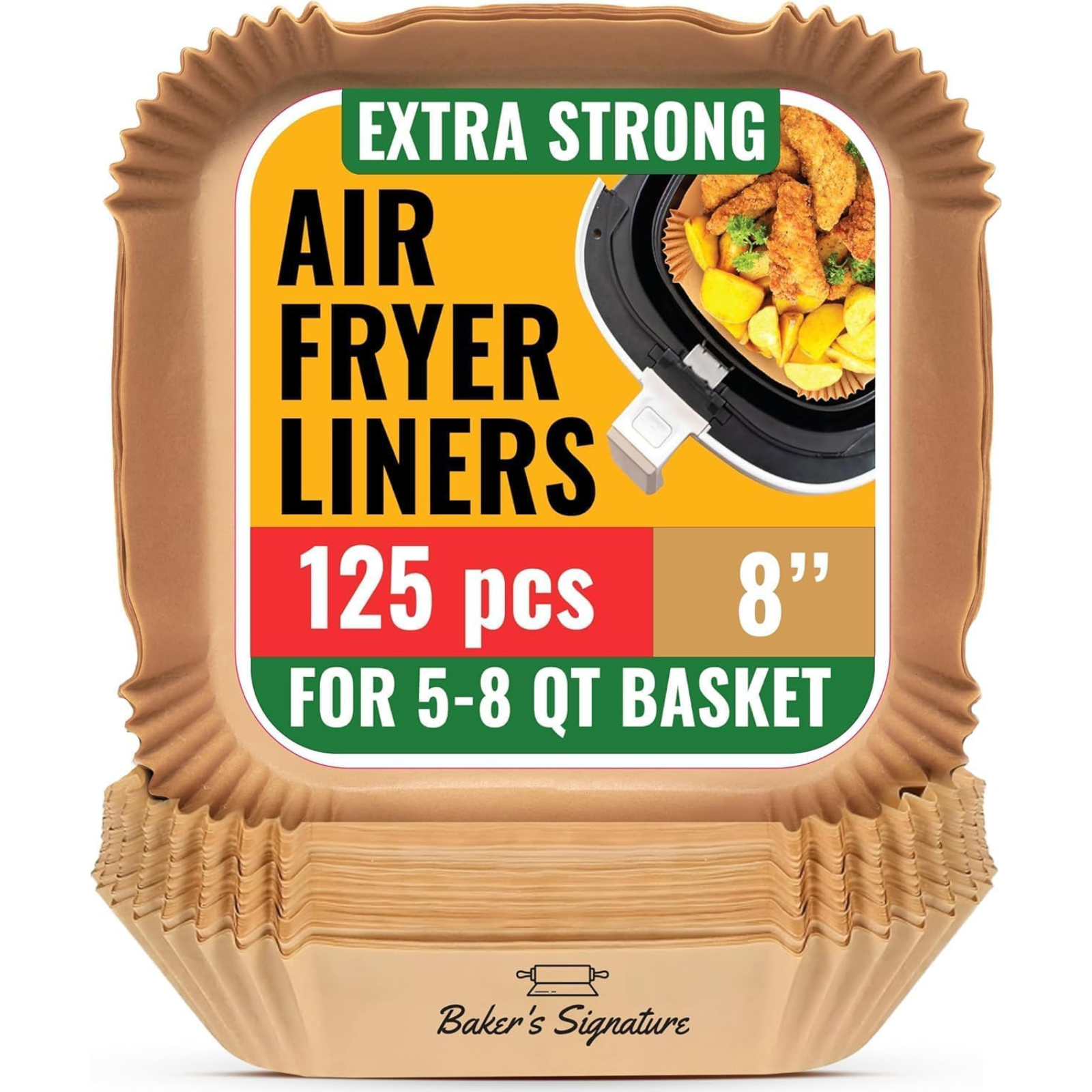 Air Fryer Paper Liners – 125 Pcs Disposable Non-Stick & Oil-Proof 8” Square Sheets for 5–8 Qt Baskets by Baker’s Signature