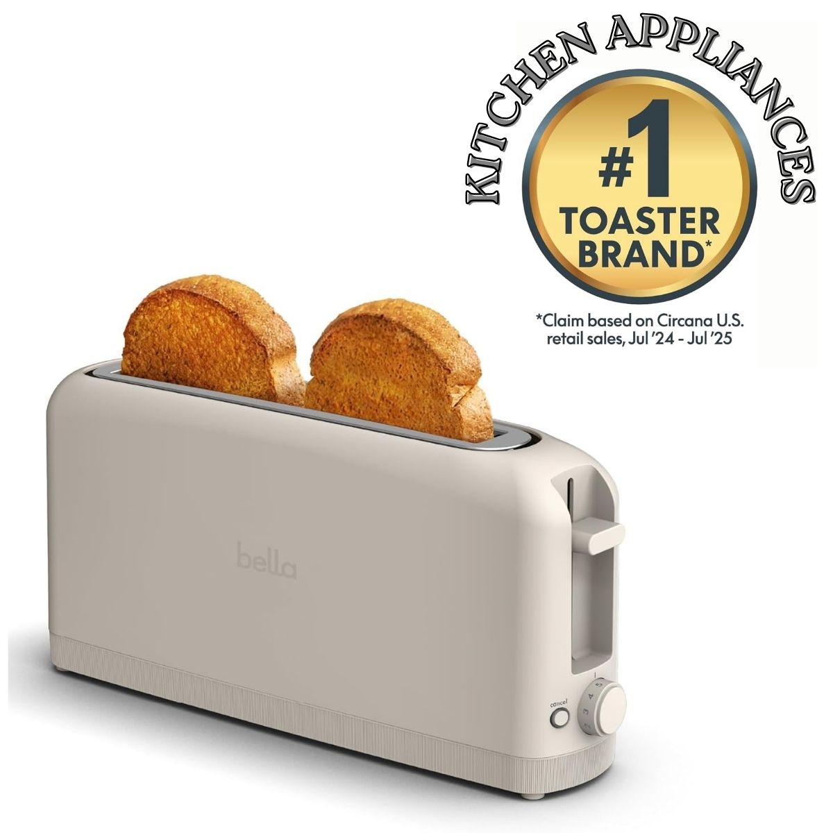 bella 2 Slice Slim Toaster β 10β Long Slot, 6 Shade Settings, Reheat & Cancel Buttons, 900W (Oatmilk Color)