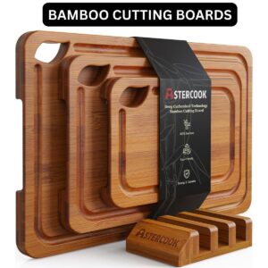 Astercook Bamboo Cutting Board Set with Storage Stand – Deep Carbonized Wood, Reversible Chopping Boards with Juice Groove & Easy-Grip Handles