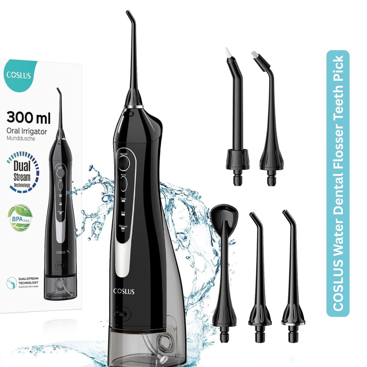 COSLUS Water Dental Flosser C20 – Portable Cordless Oral Irrigator with 300ML Tank, Rechargeable & IPX7 Waterproof Teeth Cleaner