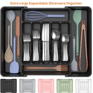 Extra Large Expandable Silverware Organizer – Adjustable BPA-Free Kitchen Drawer Cutlery Holder for Spoons, Forks & Knives (Black)