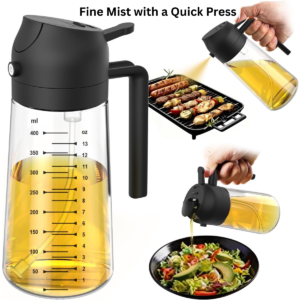 TrendPlain 16oz Glass Olive Oil Sprayer – 2-in-1 Dispenser Bottle for Cooking, Air Fryer, Salad & BBQ (Black)