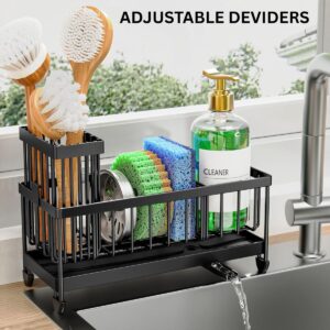 Cisily Sponge Holder for Kitchen Sink – 304 Stainless Steel Sink Caddy Organizer with Brush Holder (Rustproof, Black 9.25”)