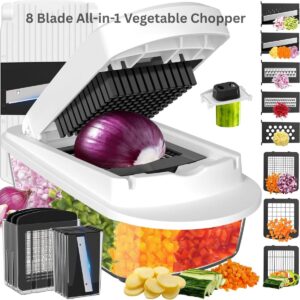 8 Blade All-in-1 Vegetable Chopper & Mandoline Slicer with Container – Multi-Function Food Cutter for Onion, Salad & Kitchen Prep (White)