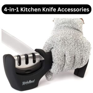 4-in-1 Knife Sharpener with Cut-Resistant Glove – 3-Stage Blade Repair, Sharpen & Polish Tool for Kitchen Knives (Black)