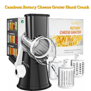 Cambom Rotary Cheese Grater – Hand Crank Cheese Shredder with 3 Blades & Non-Slip Base for Cheese, Vegetables & Nuts