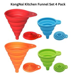 KongNai Kitchen Funnel Set 4 Pack – Foldable Silicone Funnels for Liquid & Dry Transfer, Small & Large, Food-Grade Kitchen Gadget