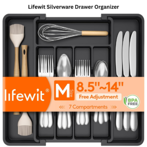 Lifewit Expandable Silverware Drawer Organizer – Adjustable BPA-Free Utensil Tray for Spoons, Forks & Knives (Black)
