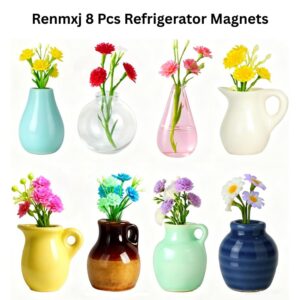 Renmxj Cute Mini Vase Fridge Magnets (8 Pcs) – Ceramic Refrigerator Magnets with Artificial Flowers for Kitchen, Office & Decor