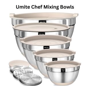 Umite Chef Mixing Bowls Set – 8PCS Stainless Steel Nesting Bowls with Airtight Lids, Non-Slip Base & Grater Attachments (Khaki)