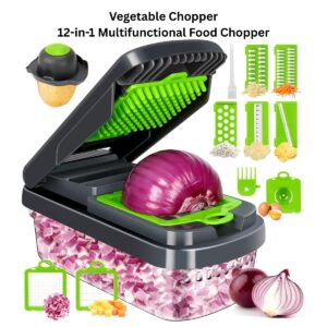 12-in-1 Vegetable Chopper with 7 Blades – Multifunctional Onion Cutter with Container for Salad, Potato, Carrot & Garlic (Grey)