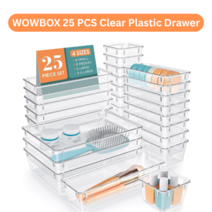 WOWBOX 25 PCS Clear Drawer Organizer Set – 4 Size Plastic Storage Bins for Makeup, Jewelry, Kitchen & Office