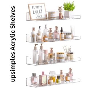 upsimples Acrylic Floating Shelves 4 Pack – 15” Clear Wall Organizer for Bathroom, Skincare, Makeup & Kids Room Storage