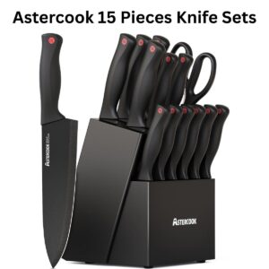 Astercook 15-Piece Knife Set with Block – German Stainless Steel Kitchen Knives with Built-in Sharpener