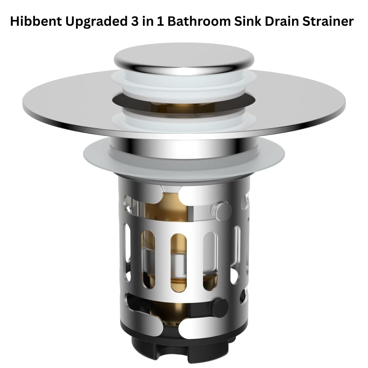 Hibbent 3-in-1 Bathroom Sink Drain Strainer β Universal Pop Up Sink Stopper with Hair Catcher & Stainless Steel Filter Basket