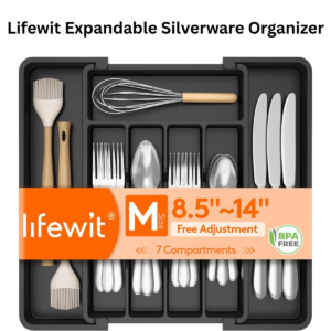 Lifewit Expandable Silverware Organizer – BPA-Free Utensil Tray for Kitchen Drawer (Adjustable 8.5–14 Inch, Black)
