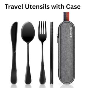 Quatish Travel Utensils Set with Case – Portable Stainless Steel Fork & Spoon Set for Work, Camping & Lunch Box (Black)