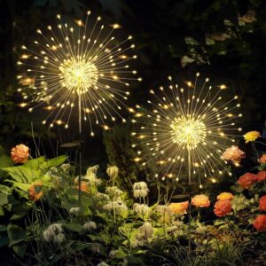GIGALUMI Solar Garden Lights 120 LED 2-Pack – Outdoor Fairy Firework Decorative Lights for Patio, Yard & Garden (Warm White)