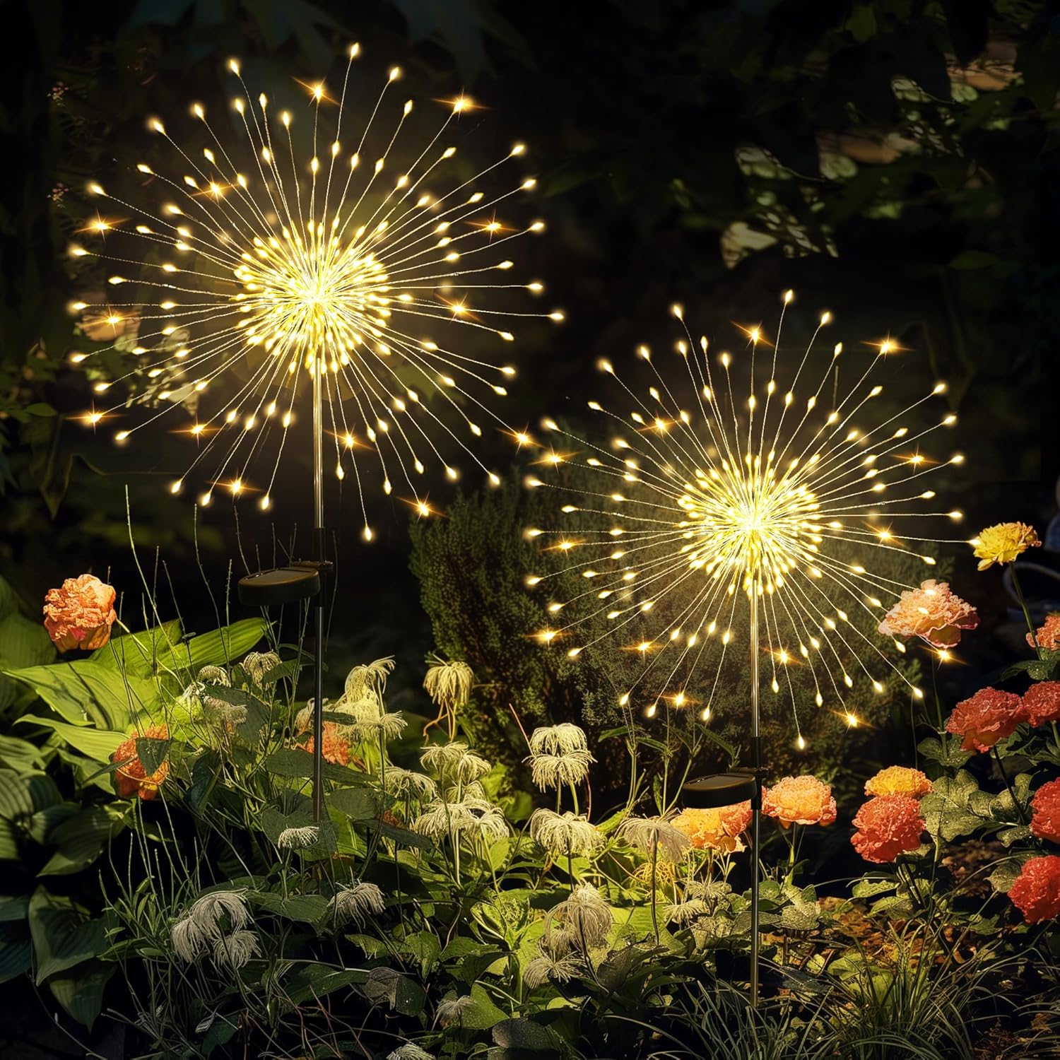 GIGALUMI Solar Garden Lights 120 LED 2-Pack – Outdoor Fairy Firework Decorative Lights for Patio, Yard & Garden (Warm White)