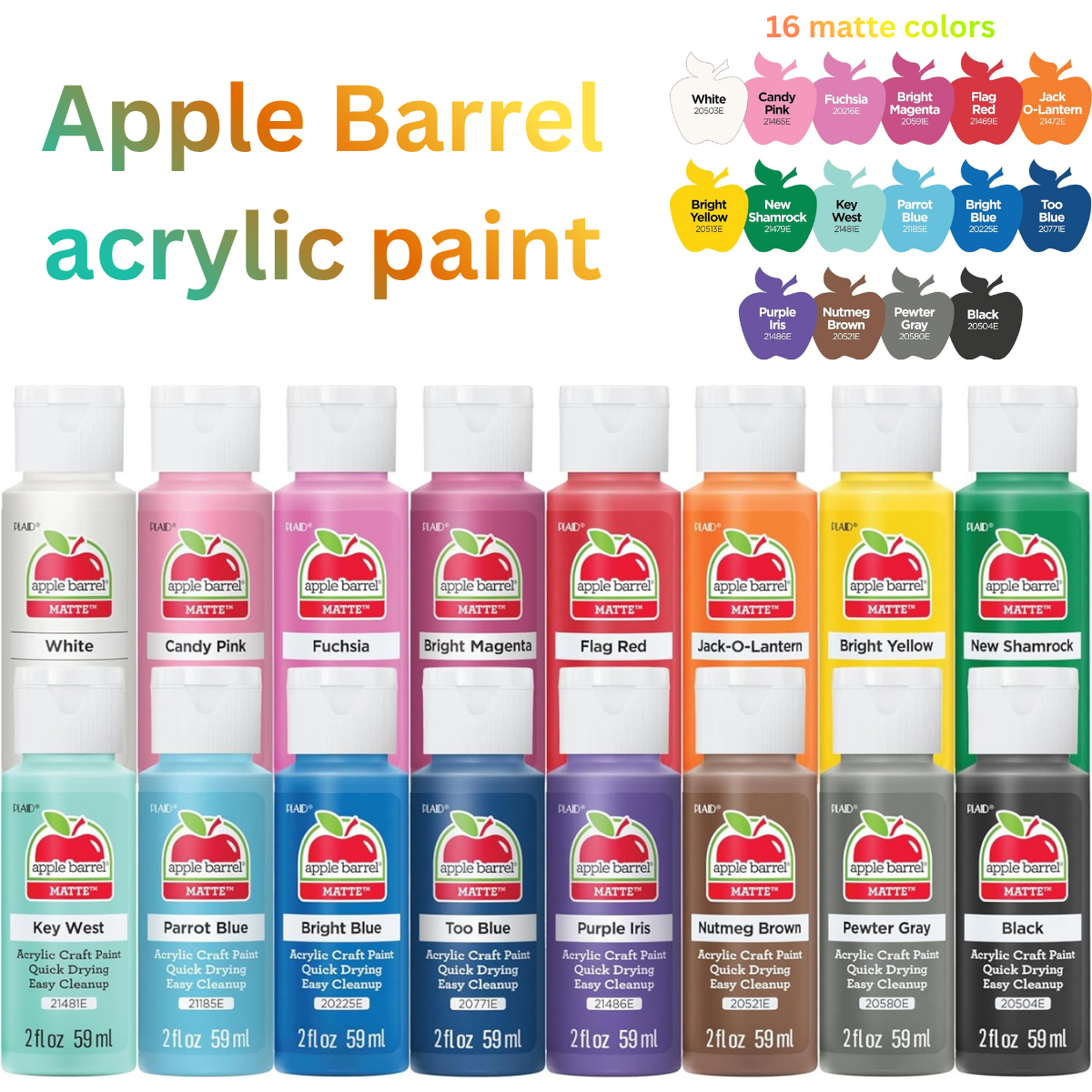 Apple Barrel Vibrant Spectrum Acrylic Craft Paint Set – 16 Matte Colors, 2 oz Bottles for DIY Arts & Crafts