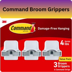 Command Broom Grippers Wall Mount Organizer – Damage-Free Mop & Broom Holder with 3 Hangers and 6 Strips