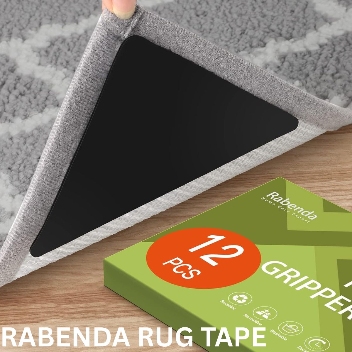 Rabenda Non-Slip Rug Tape | 12-Piece Reusable Rug Grippers for Hardwood & Tile Floors